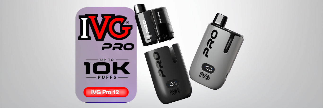 A small, sleek vape device, featuring a compact design and user-friendly features, set against a neutral background. This rechargeable vape, part of the IVG Pro 12 range, promises consistent flavour and a smooth vaping experience.