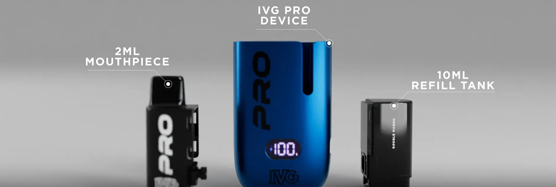 The image displays a neatly arranged collection of IVGPro 12 components, including a pod, a refill bottle, and a rechargeable battery unit, all set on a clean surface.