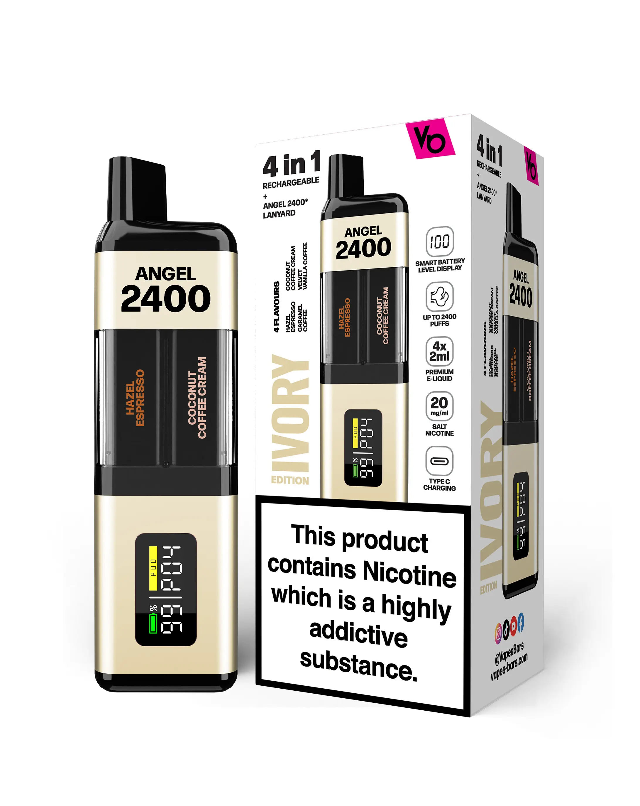 Angel 2400 Rechargeable Disposable Vape by Vapes Bars 20mg - Ivory Edition 
