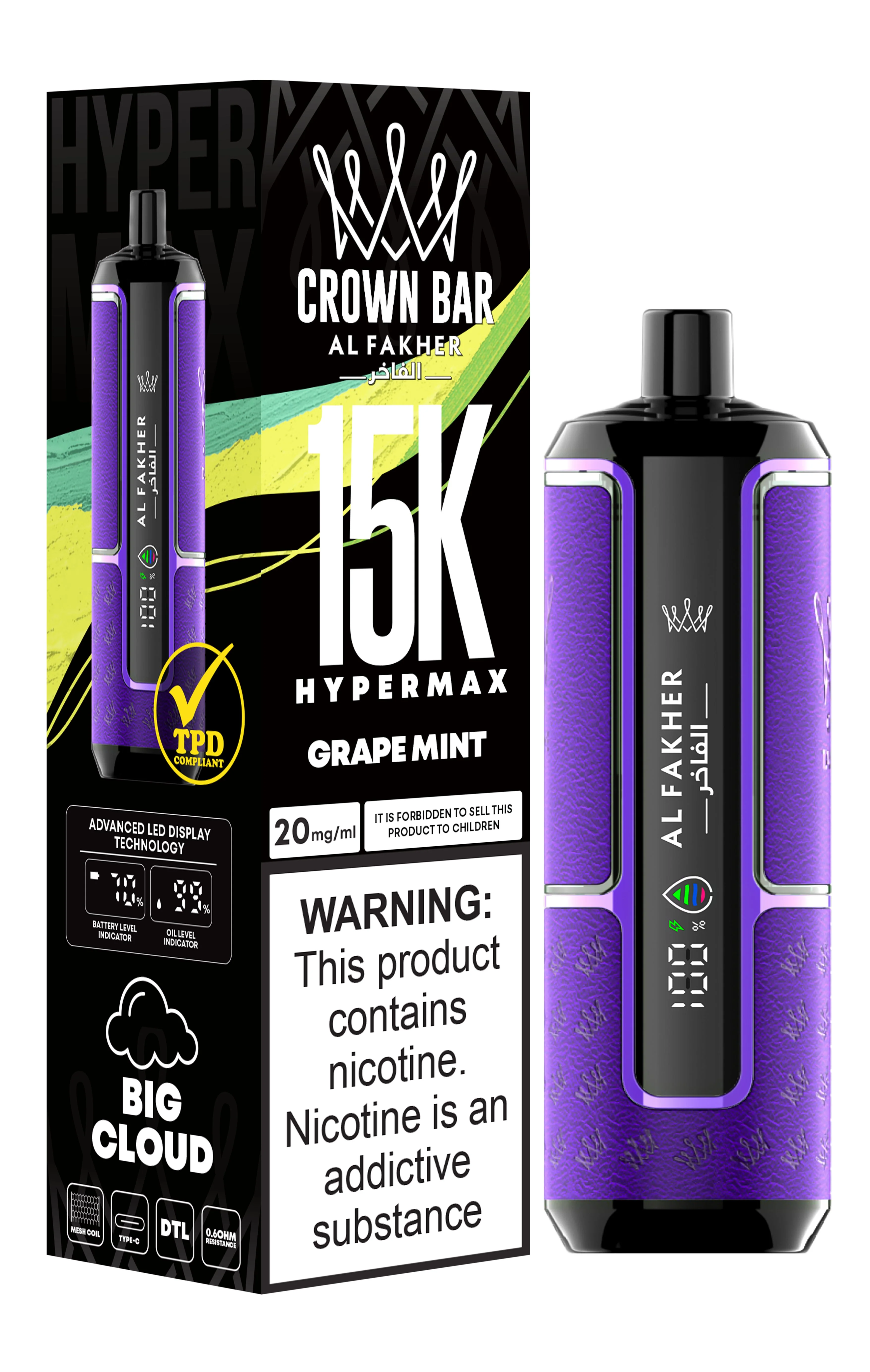  Grape Mint Al Fakher Crown Bar 15K Hypermax Disposable Vape Kit 