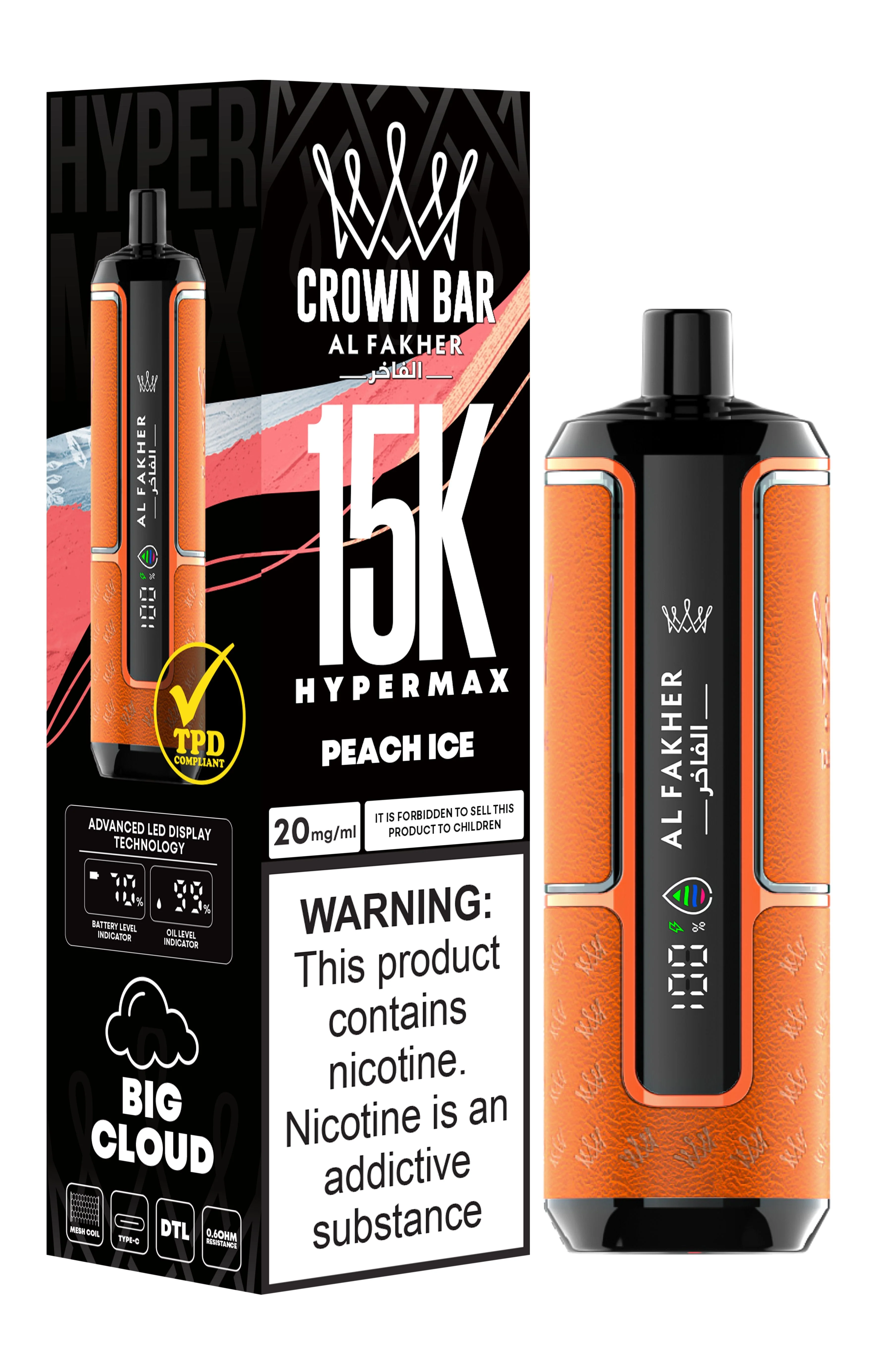  Peach Ice Al Fakher Crown Bar 15K Hypermax Disposable Vape Kit 