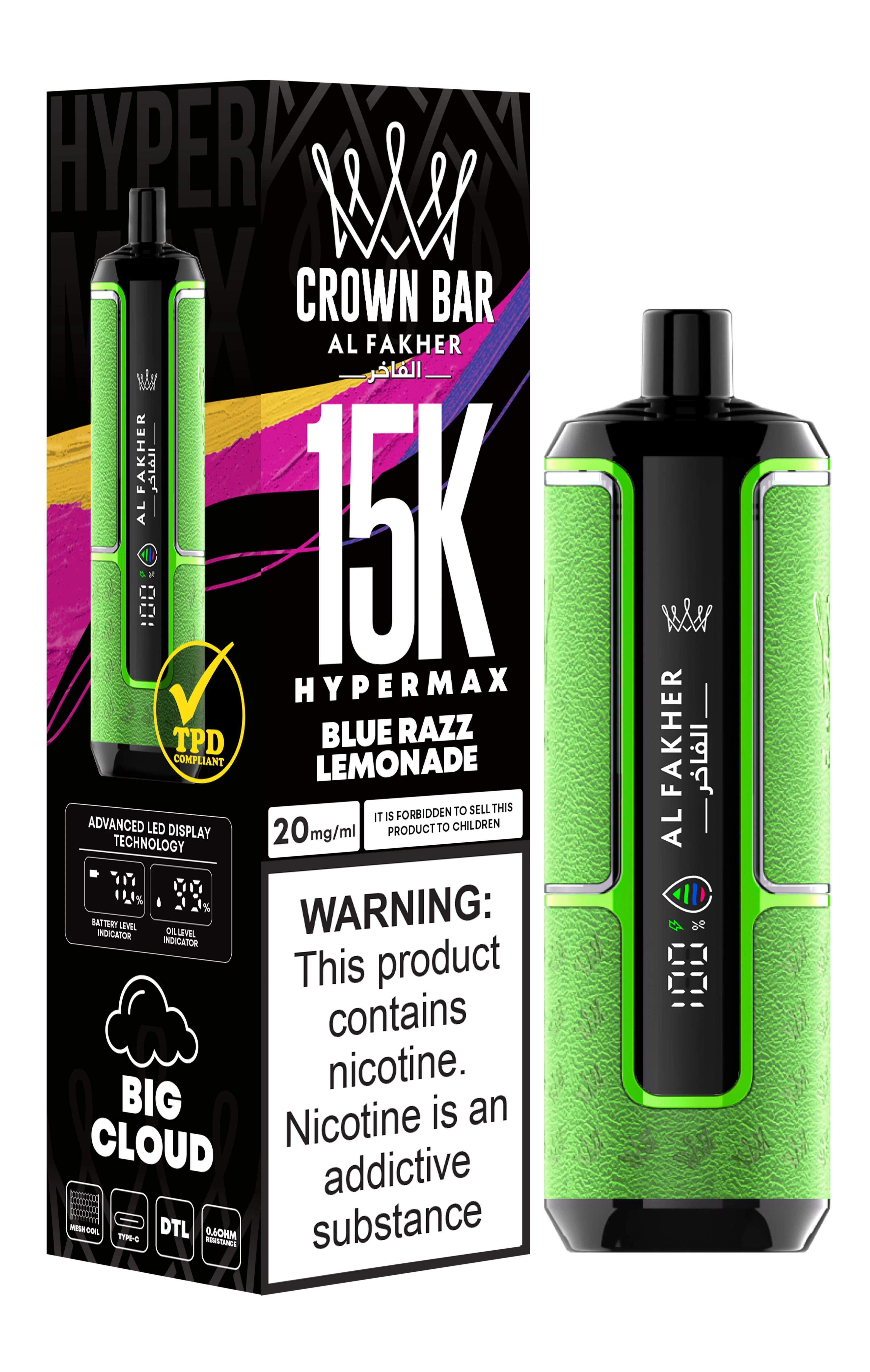  Blue Razz Lemonade Al Fakher Crown Bar 15K Hypermax Disposable Vape Kit 