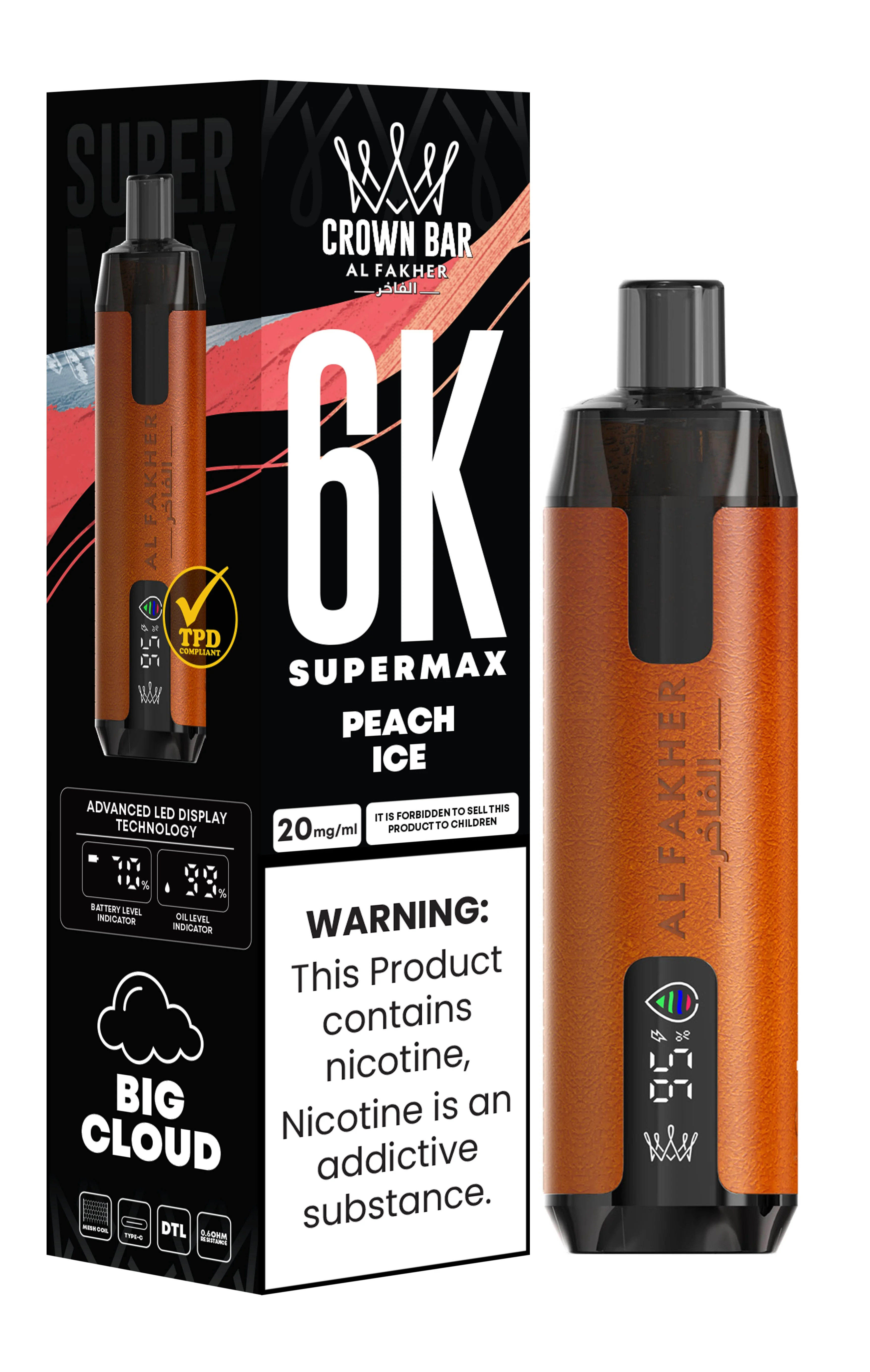  Peach Ice Al Fakher Crown Bar 6K Supermax Disposable Vape Kit 