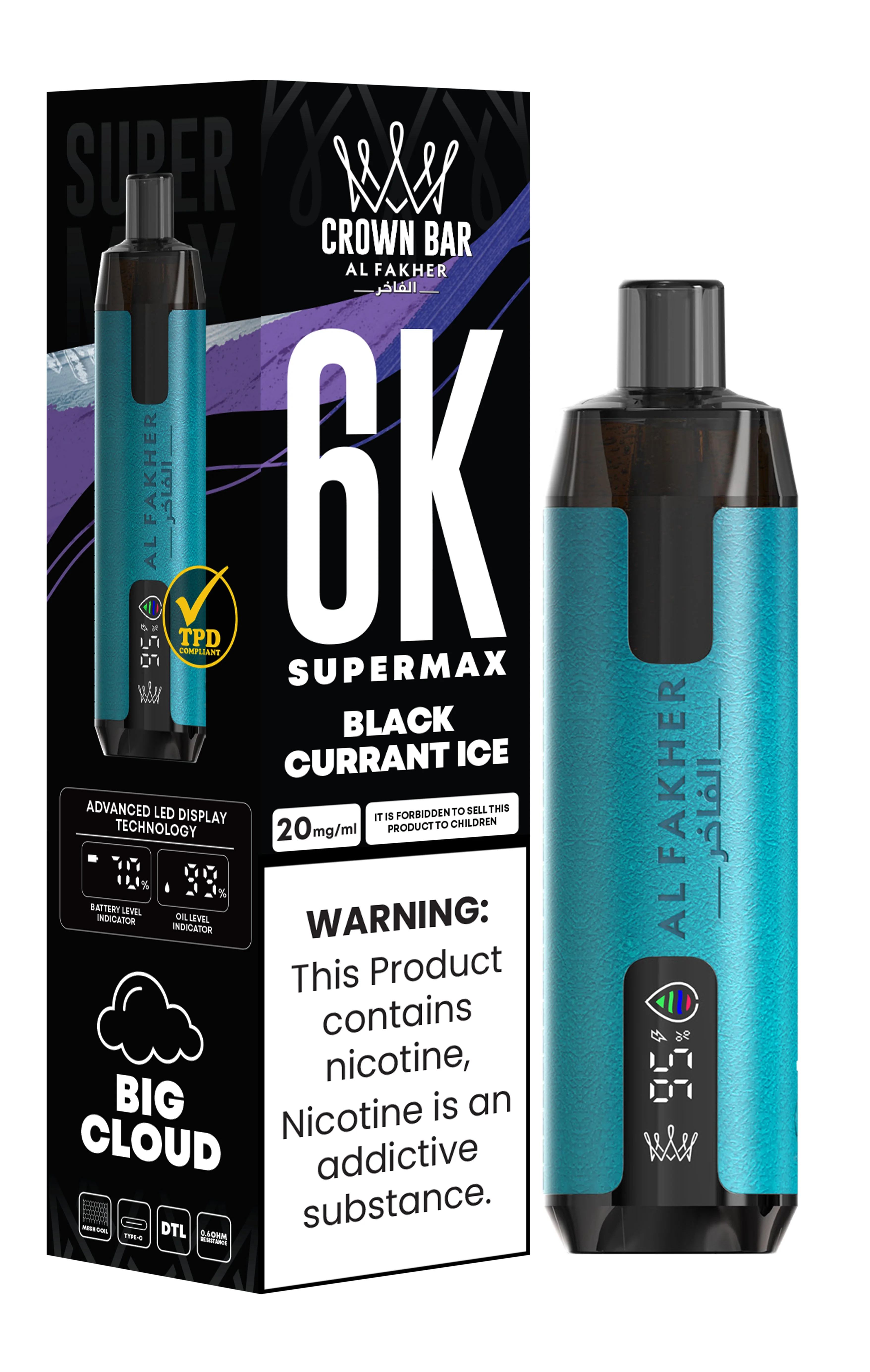  Blackcurrant Ice Al Fakher Crown Bar 6K Supermax Disposable Vape Kit 