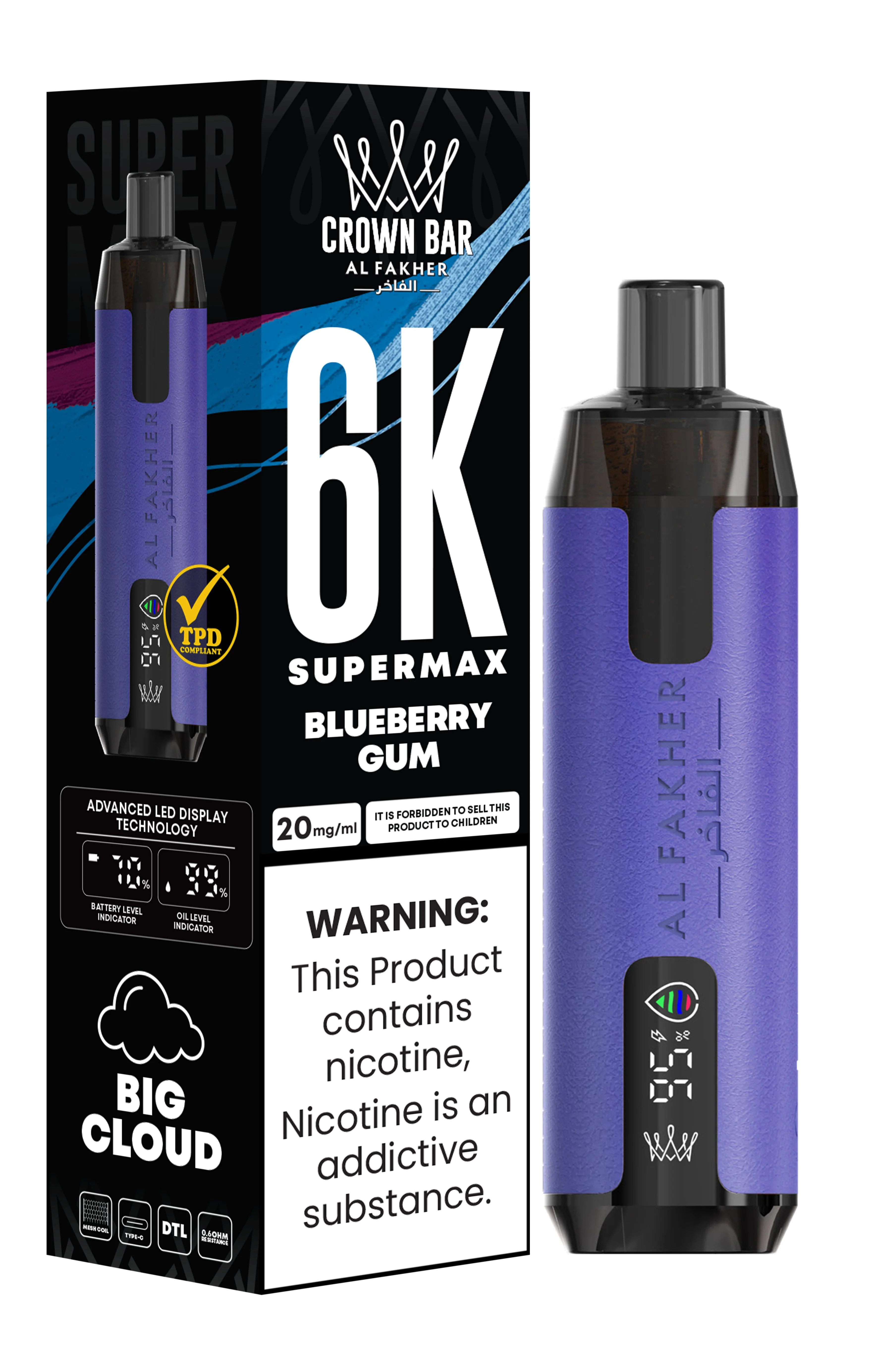  Blueberry Gum Al Fakher Crown Bar 6K Supermax Disposable Vape Kit 