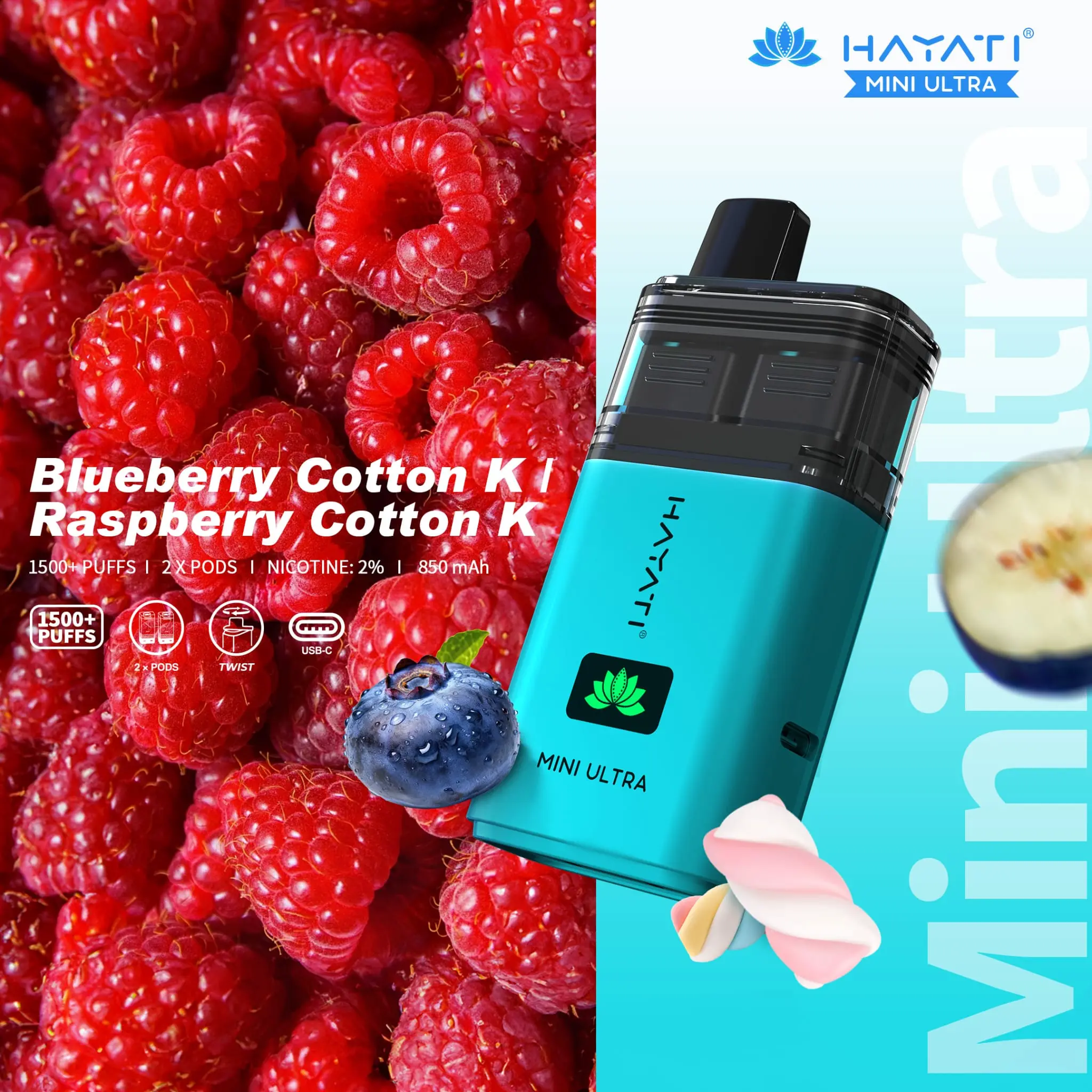  Blueberry Cotton K / Raspberry Cotton K Hayati Mini Ultra Disposable Vape 