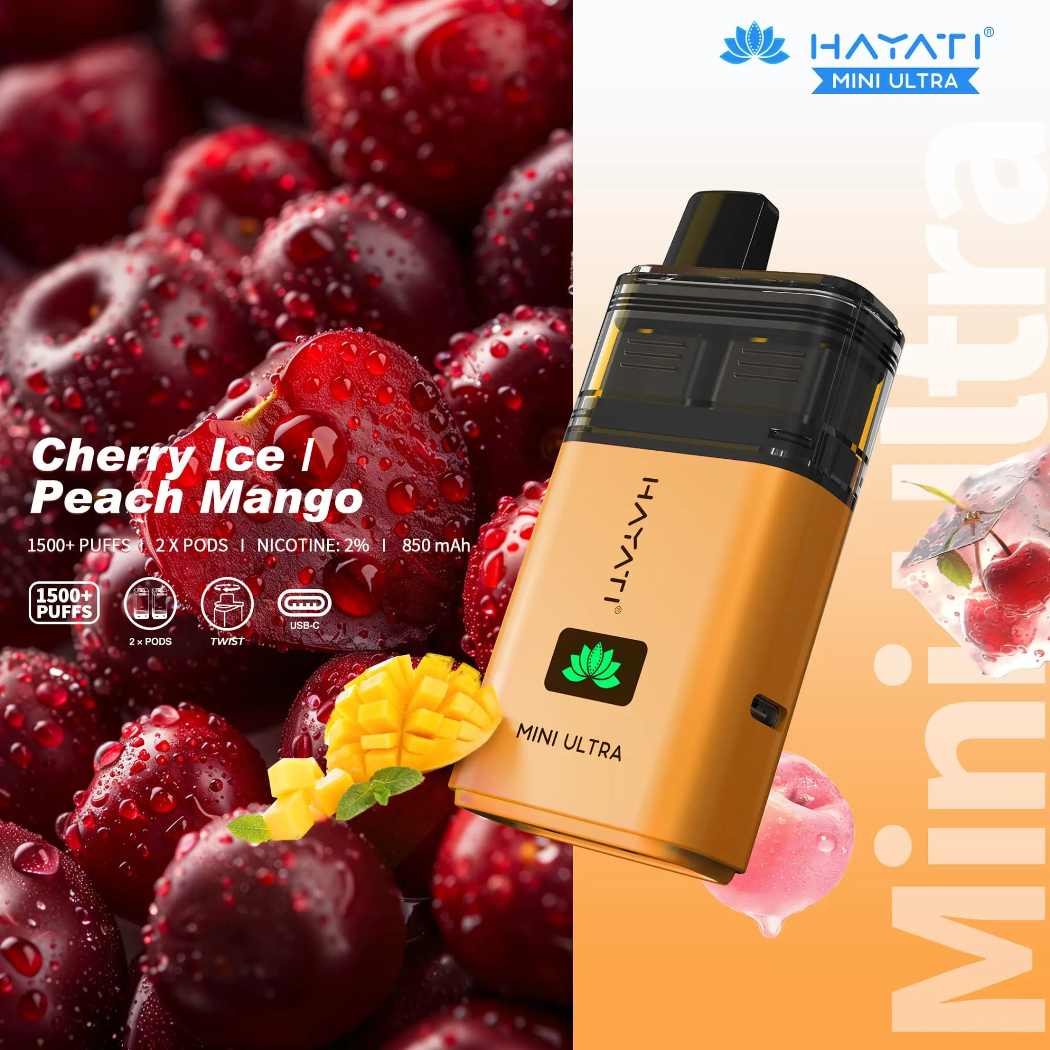  Cherry Ice / Peach Mango Hayati Mini Ultra Disposable Vape 