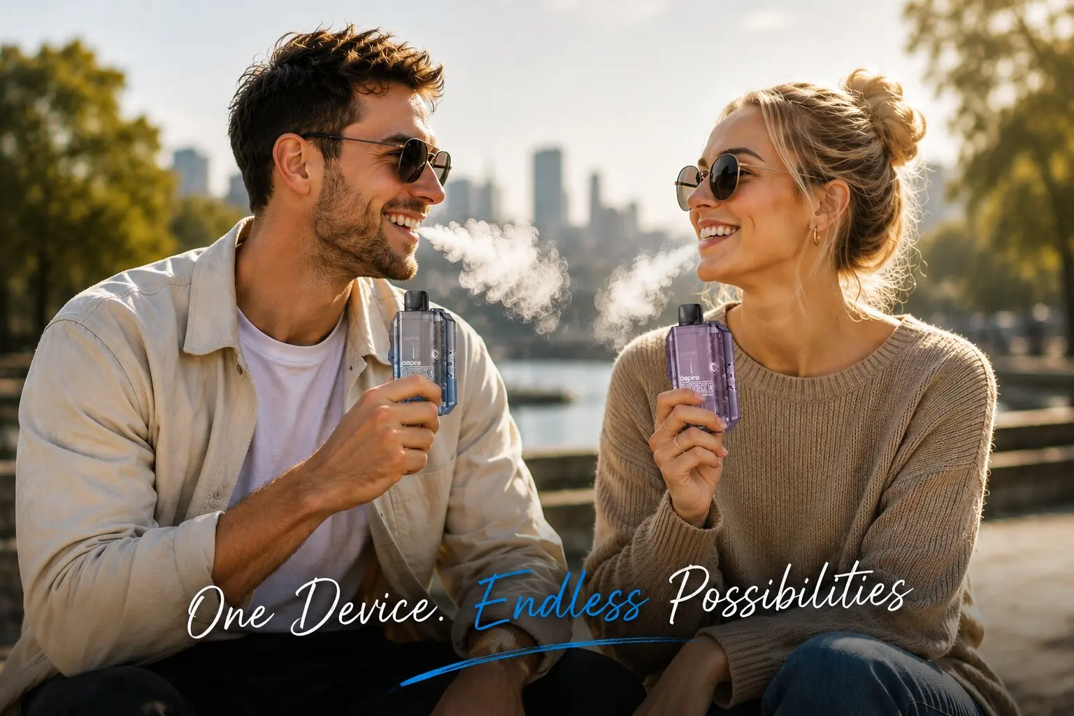 Couple enjoying Aspire Gotek X Kit during an outdoor vaping session