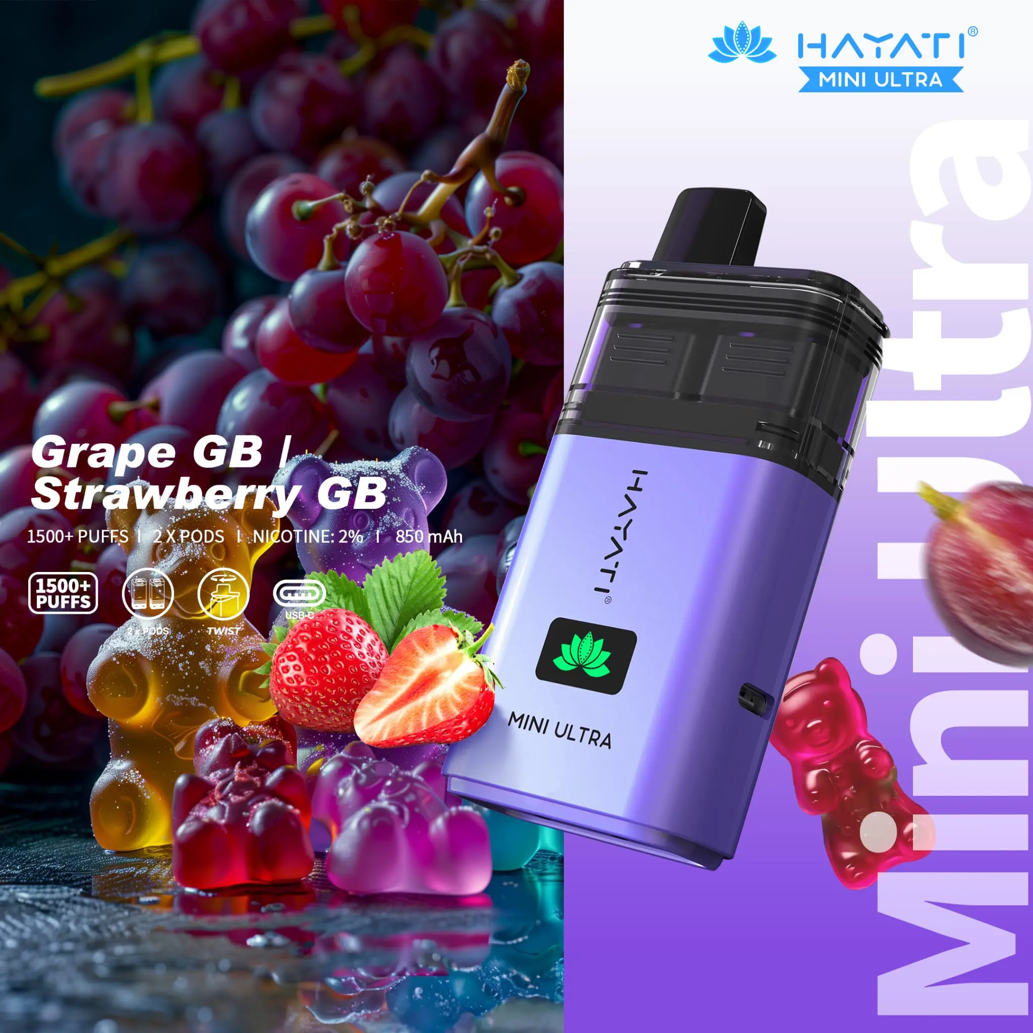  Grape GB / Strawberry GB Hayati Mini Ultra Disposable Vape 