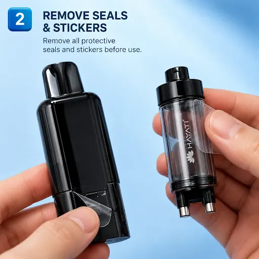 Removing protective seals and stickers from Hayati Pro Max Plus Pods before use