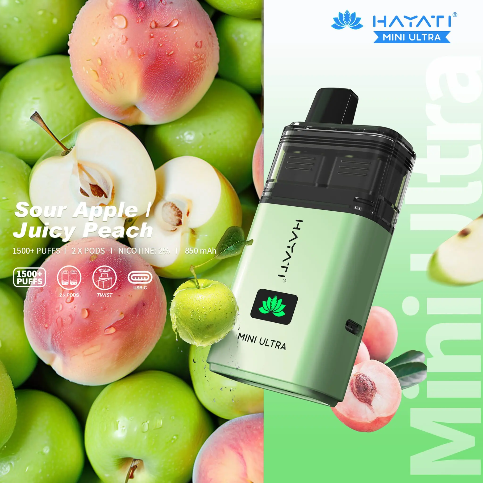  Sour Apple / Juicy Peach Hayati Mini Ultra Disposable Vape 